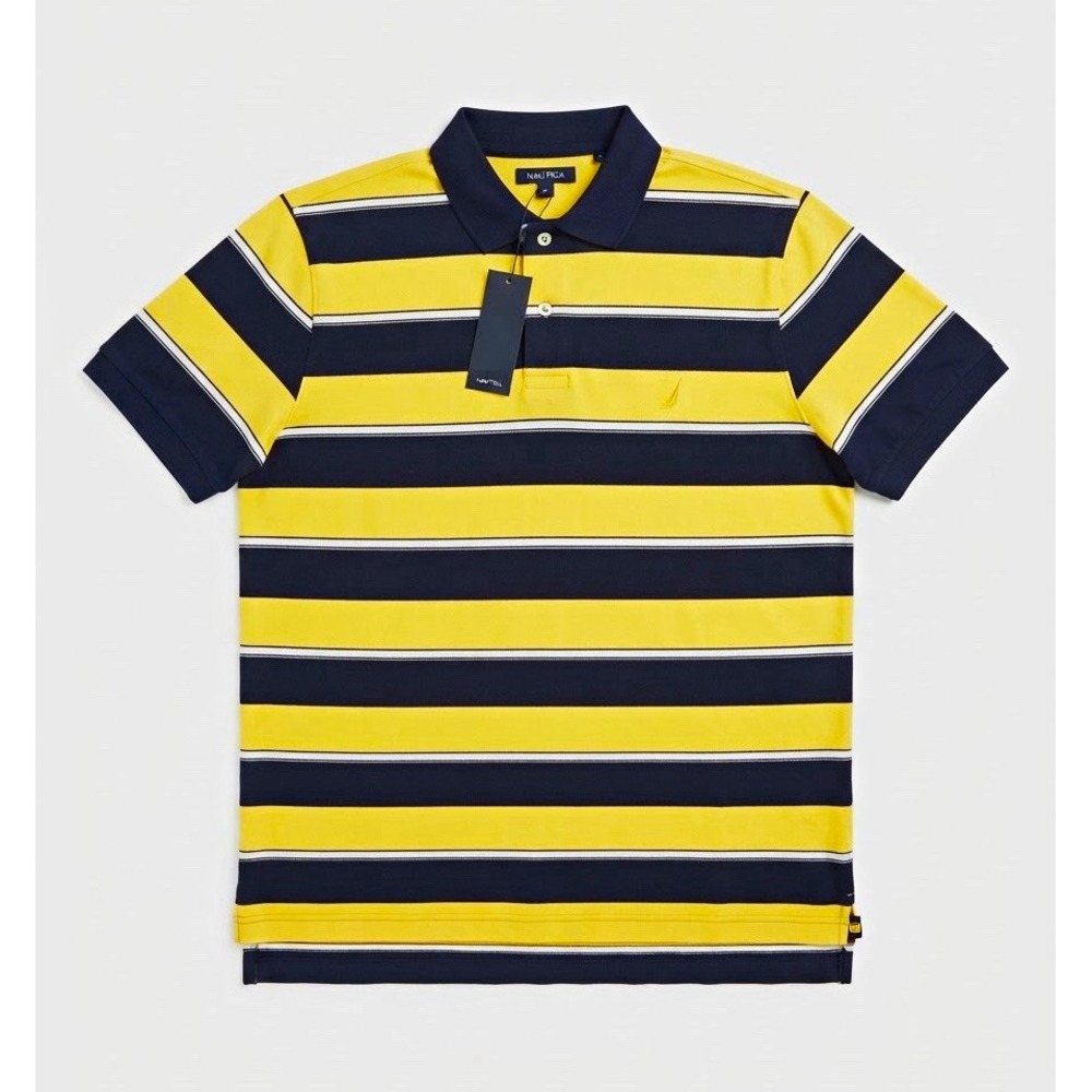 Nautica Men's L Striped Polo Shirt Yellow Navy White Preppy Coastal